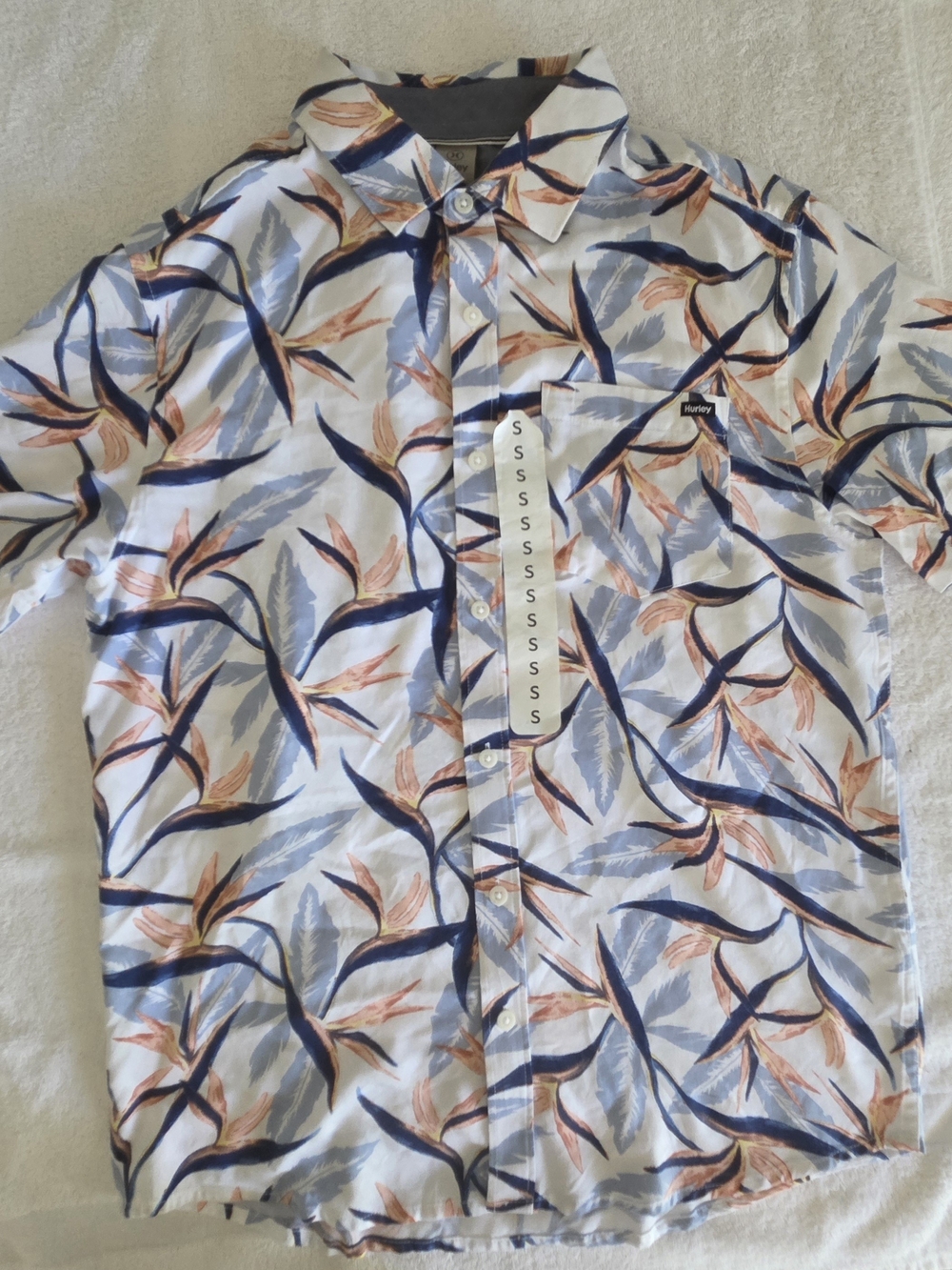 Hurley Men's Short Sleeve Button-Up Shirt - White with Blue & Peach Floral